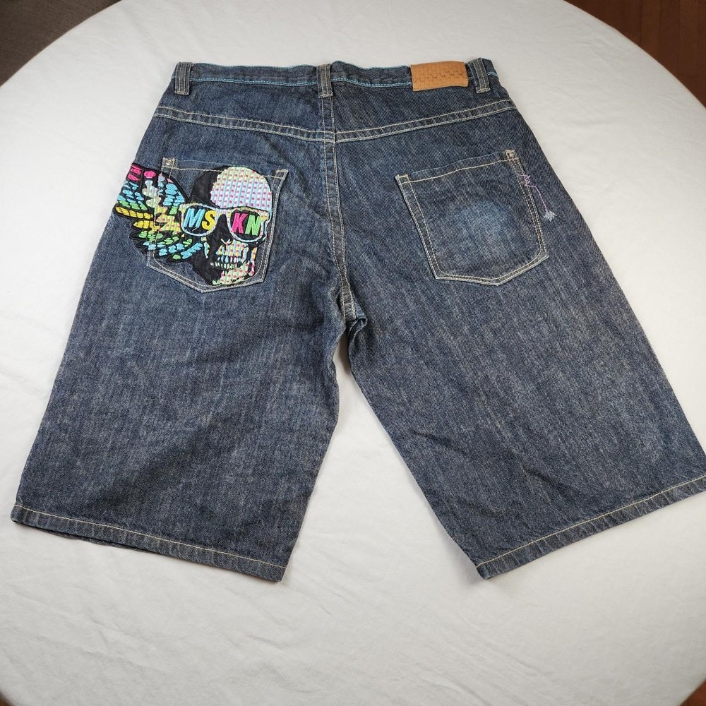 Miskeen Mens Baggy Denim Jorts Shorts Blue Skull Embroidered Y2K Hip Hop 38